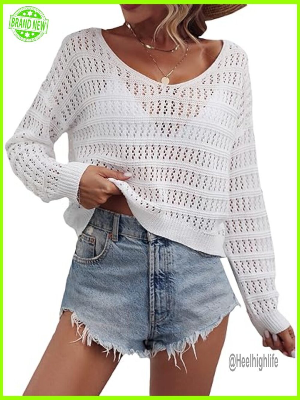 Loose Fit Crochet Hollow Out Sweater Top Long Sleeve Beach Cover Up